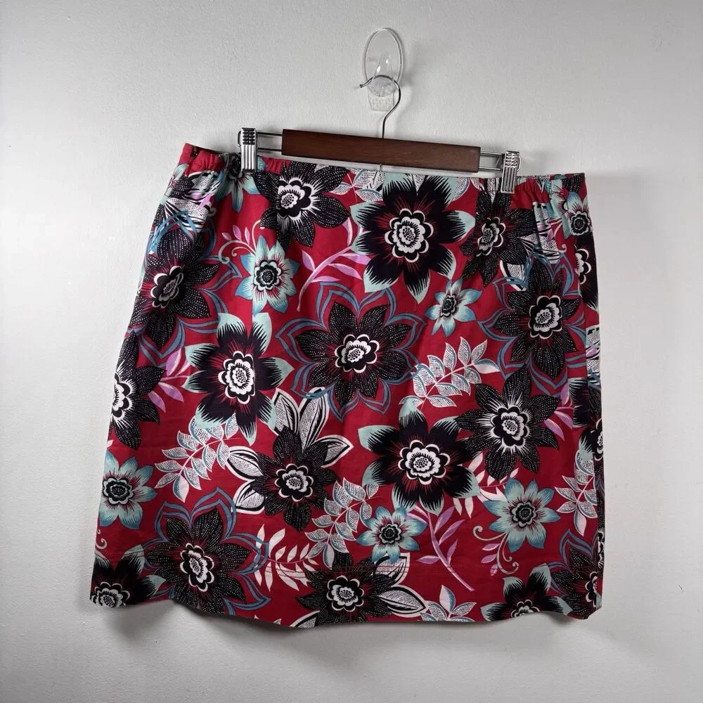 Talbots Woman 16W Floral Mini Skirt Red Black Blue Abstract Print A-Line Retro